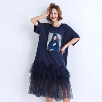 Ženy T Shirt Dress Nadrozmerná Kórejský Štýl Lete Roku 2020 Patchwork Vrstvený Oka Nepravidelný Lem Tmavo Modrá Dievča Tlač Vestido Mujer