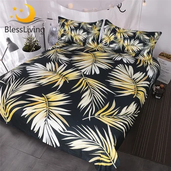 BlessLiving Palma posteľná bielizeň Moderné Čierne Biele Zlato Perinu 3 Ks Elegantné a Chic Tropické prehoz cez posteľ pre Dievčatá, Ženy,