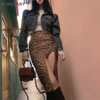 Sexy Predné Split Leopard Tlač Ženy Sukne Módne Štíhly Vysoký Pás Sukne Bežné Streetwear Package Hip Podkolienok Ženské Sukne