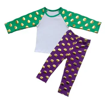 Fialová, Zelená a Zlaté bodky vlastné Dieťa oblečenie oblečenie Detí raglans legíny sady pre NEW ORLEANS Mardi Gras dovolenku