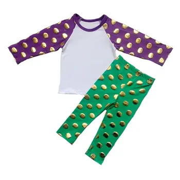 Fialová, Zelená a Zlaté bodky vlastné Dieťa oblečenie oblečenie Detí raglans legíny sady pre NEW ORLEANS Mardi Gras dovolenku