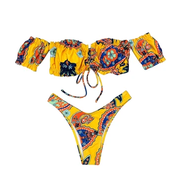Ženské Vintage Yellow Kvet Tlač Bikini Set Sexy Lístkového Rukáv Obväz kríž Orezanie Hornej Polovici pás Elegantné Tangá Plavky Biquini