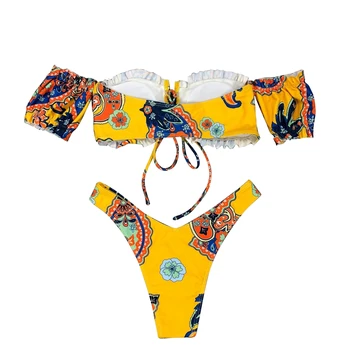 Ženské Vintage Yellow Kvet Tlač Bikini Set Sexy Lístkového Rukáv Obväz kríž Orezanie Hornej Polovici pás Elegantné Tangá Plavky Biquini