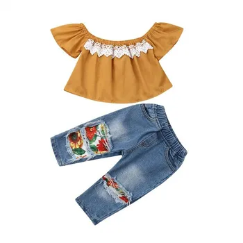 1-5year Roztomilé dievčatká čipky oblečenie mimo ramenný tričká topy denim kvetinový nohavice nohavice 2ks módne batoľa detský oblečenie