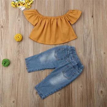 1-5year Roztomilé dievčatká čipky oblečenie mimo ramenný tričká topy denim kvetinový nohavice nohavice 2ks módne batoľa detský oblečenie