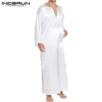 INCERUN Muži Takí Pyžamo Pevné Dlhý Rukáv V Krku Faux Hodvábny Satén oblečenie pre voľný čas Vrecká Módne Mužov Župany Nightgown Plus Veľkosť