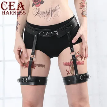 CEA Kožený Postroj Ženy Punk Gotický Podväzok Nohu Pás, Traky Popruhy Odnímateľný O-krúžok Postroj Ženy Sexy Telo Otroctva Pásy