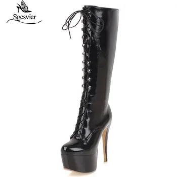 Sgesvier 2020 nový príchod kolená vysoké topánky ženy kolo prst jeseň čipky platformu topánky sexy stiletto podpätky, topánky prom topánky