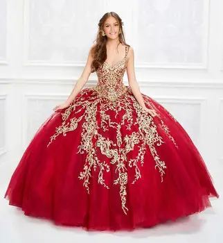 2020 Červená Luxusné Quinceanera Šaty Uvrhnúť Krku Zlaté Čipky Appliqued Plesové Šaty Dievčatá Sprievod Šaty Na Mieru Sweet 16 Šaty