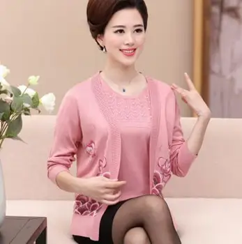 Clobee 2018 jeseň ženy stredného veku blusa tricot matka oblečenie set sa pletený sveter žena dlhý rukáv plus veľkosť sveter S243