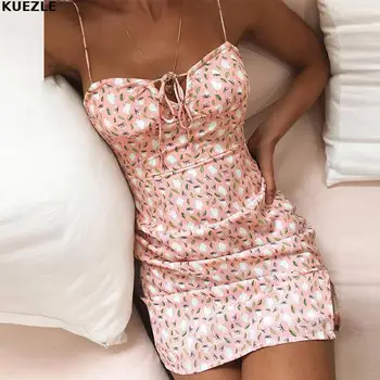 Šaty Elegantný Kvetinový Tlač Rozstrapatené Ženy 2020 Letné Vypnutie Rameno Bez Rukávov Mini Popruhy Šaty, Sexy Štíhla Bodycon Party Šaty