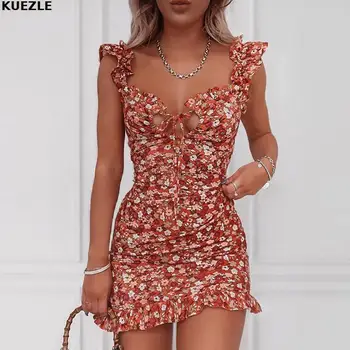 Šaty Elegantný Kvetinový Tlač Rozstrapatené Ženy 2020 Letné Vypnutie Rameno Bez Rukávov Mini Popruhy Šaty, Sexy Štíhla Bodycon Party Šaty