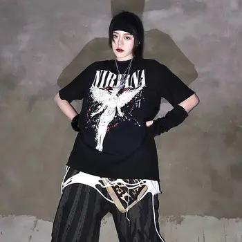 Ženy, Oblečenie 2021 Lete Gotický Print T Shirt Nirvana Smajlík Grafické Tees Dámske Voľné Písmeno Priedušná Plus Veľkosť Topy