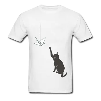 Origami Žeriava & Cat 2018 Najnovšie Kreslené Dizajn Muži T-shirts Bavlna Biela Roztomilý Topy Vlastné Vďakyvzdania Darček Tričko