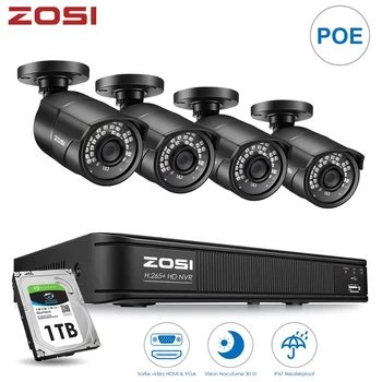 ZOSI 4CH H. 265 POE Video monitorovací KAMEROVÝ Bezpečnostný kamerový Systém s 2MPX Videcam Nepremokavé Vonkajšie NVR Auta