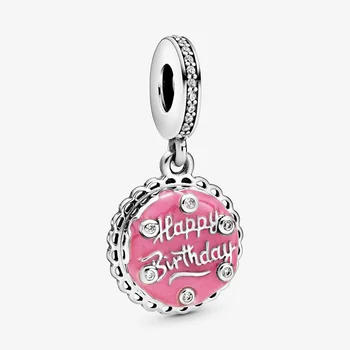 925 Sterling Silver Ružová Happy Birthday Cake Visieť Kúzlo Fit Pôvodné Pandora Korálky Náramok Šperky Darček K Narodeninám Priateľku