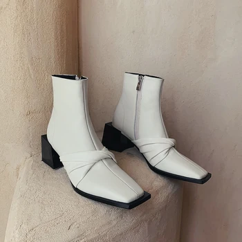 MORAZORA 2020 Originálne kožené topánky dámske topánky hrubé podpätky štvorcové prst farbou členková obuv pre ženy, čierna ryža biela