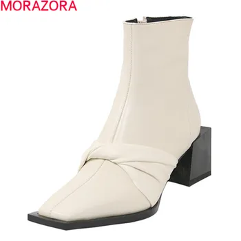 MORAZORA 2020 Originálne kožené topánky dámske topánky hrubé podpätky štvorcové prst farbou členková obuv pre ženy, čierna ryža biela