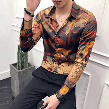 Trend novej pánskej osobnosti vytlačené tričko, butik fashion Tenkým dlhým rukávom kvet tričko pánske business banquet formálne tričko