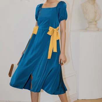 2020 lete nové námestie golier lístkového rukáv satin žltá luk modré šaty štrbinou strednej dĺžky Žena Bežné Slim Módne Vintage Šaty