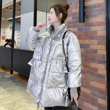 2020 Zimné dámske Dlhé Nadol Bunda Lesklé Plus Veľkosť Pevných Kabát Žena Stojí Golier s Veľkými Vreckami Bežné Ženské Studenej Kabát