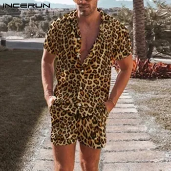 2021 Mužov Sady Leopard Vytlačené Klope Krátke Rukáv Tričko Beach Šortky Streetwear Havajské Bežné Muži Obleky 2 Kusy S-5XL INCERUN
