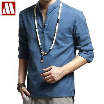 Ázijské módne pánske pulóvre tričko na leto dlhý rukáv bielizeň, košele collarless tričko mužov camisas manga comprida S-3XL F040