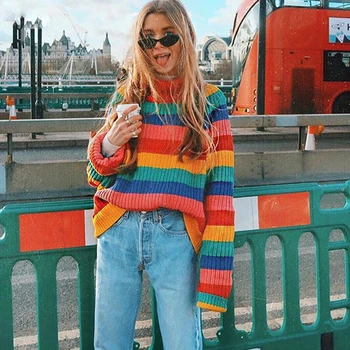 Jocoo Jolee Rainbow Turtleneck Svetre Ženy Zimné 2018 Jumper Pletené Oblečenie Móda Prekladané Nadrozmerné Pulóver Žena