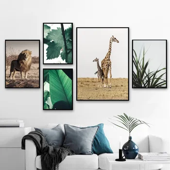 Lev, Žirafa Listu Rastlín Prírodnej Krajiny Wall Art Plátno Na Maľovanie Nordic Plagáty A Potlačou Obrazov Na Stenu Pre Obývacia Izba Dekor