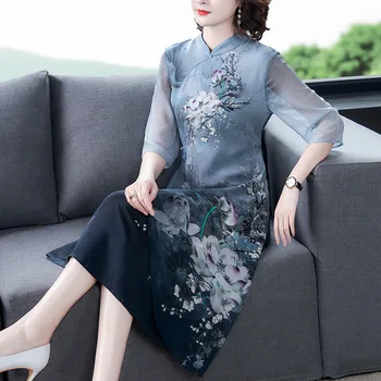 2020 Retro Tlač Lepšiu Cheongsam Šaty Letné Uprostred Rukáv Veľkosť Strednom veku Šaty elegantné Ženy Šaty b351