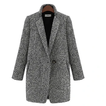 2020 Módne Zimné Kabát Ženy Houndstooth Vlna Zmes Kabát Jediného Tlačidla Vrecku Nadrozmerná Dlho Zákopy Srsti Vrchné Oblečenie Vlny Kabát