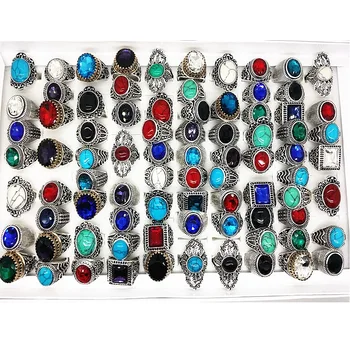 MIXMAX 50pcs Tibetskej Strieborné prstene ročník mix Kameň dámske pánske unisex starožitné zliatiny kovové Šperky veľkoobchod veľa bulk