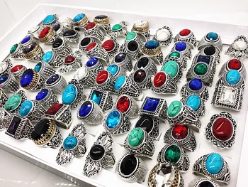 MIXMAX 50pcs Tibetskej Strieborné prstene ročník mix Kameň dámske pánske unisex starožitné zliatiny kovové Šperky veľkoobchod veľa bulk