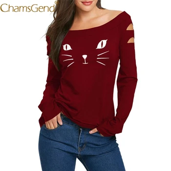 Chamsgend Drop Shipping Ženy Sexy Mimo Ramenný Otvor Dlhý Rukáv T-Shirt Mačka Tlače Čiernej Košele 80205