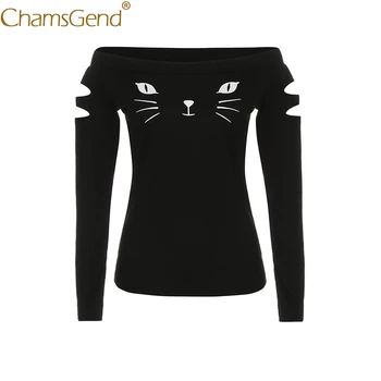 Chamsgend Drop Shipping Ženy Sexy Mimo Ramenný Otvor Dlhý Rukáv T-Shirt Mačka Tlače Čiernej Košele 80205