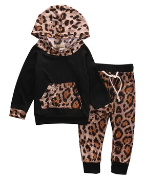 Móda Novorodenca Dievča Chlapci 2 ks Oblečenia Leopard Tlač s Kapucňou Dlhý Rukáv T-shirt Topy+Dlhé Nohavice Detské Oblečenie Set