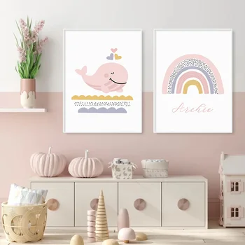 Ružová Rainbow Vlastné Meno Roztomilý Veľryba Škôlky Wall Art Plátno na Maľovanie Výtlačkov Obrázkov, Plagátov pre Deti, Dievčatá, Izba Domov Dekoratívne