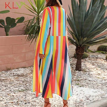 Kimonos Mujer Verano Šifón Rainbow Prekladané Dlhý Rukáv Tunika Plávať Lete Kimono Cardigan Ženy Blúzka Beach Fashion Top 20Mar