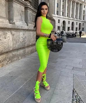 Ženy Sexy Letné Šaty Bez Rukávov Módne Neon Zelená Obväz Šaty Elegantné Bodycon Party Šaty Vestido