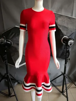 Vysoká Kvalita Červenou Krátky Rukáv Volánikmi Koleno Dĺžke Sexy Rayon Obväz Šaty Večerné Party Šaty