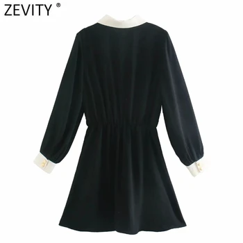 Zevity Nové Ženy Fashion White Collar Patchwork Čierne Mini Šaty Office Dámy Dlhý Rukáv Tlačidlá Elegantné Obchodné Vestido DS4732