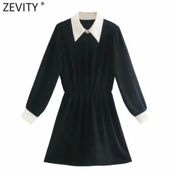 Zevity Nové Ženy Fashion White Collar Patchwork Čierne Mini Šaty Office Dámy Dlhý Rukáv Tlačidlá Elegantné Obchodné Vestido DS4732