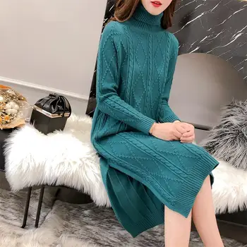 Dámske oblečenie 2019 nové arriva ženy jar, jeseň, zima dlho štýl turtleneck pletené svetre šaty dámske šaty