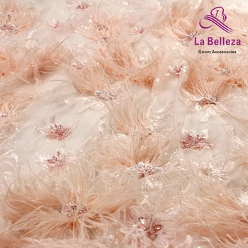 La Belleza Nový 1 yard svetlo ružová/off white ťažké 3D kvety pierko korálkové crystal svadobné/večerné šaty textílie, čipky
