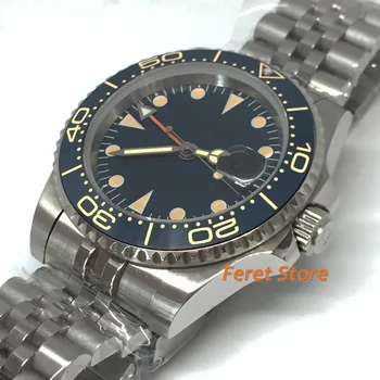 Bliger 40 mm, strieborná nerezová prípade pánske hodinky zafírové sklo orange GMT keramická fazeta modrá dial Svetelný automatické hodinky