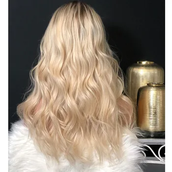 #613 Ombre Svetlo Platinum Blonde Vody Vlna s Baby Vlasy Transparentné zvýrazniť Brazílsky Remy Úplné Čipky Parochne 150Density