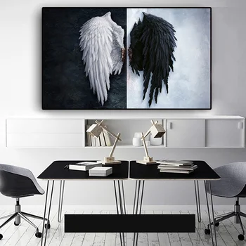 HD Čierne a Biele Moderné Anjel Krídla, Perie Wall Art Print Maľovanie Office nástenná maľba Kresba Obývacia Izba Plagát Dekorácie