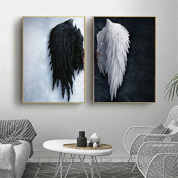 HD Čierne a Biele Moderné Anjel Krídla, Perie Wall Art Print Maľovanie Office nástenná maľba Kresba Obývacia Izba Plagát Dekorácie