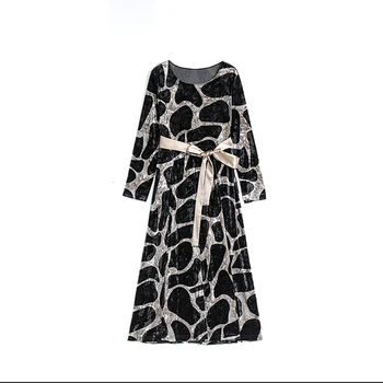 Nová Jar, Jeseň Polovice Agedf Matka Velvet Vintage Leopard Šaty Tlač S Oknami O-krku Plus Veľkosť Šaty Pre Ženy Slim