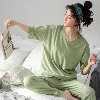 BZEL Zelená tvaru Sleepwear Pevné Pyžamá Pre Ženy Vysoko Kvalitnej Bavlny Domov Nosiť Módne Plavky Krátky Rukáv, Dlhé Nohavice 2PC